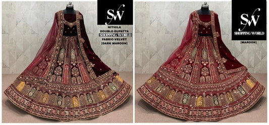 Maroon Dark Maroon Velvet Double Dupatta Bridal Lehenga