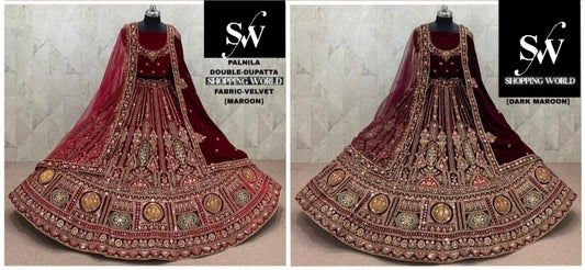 Maroon Dark Maroon Velvet Double Dupatta Bridal Lehenga