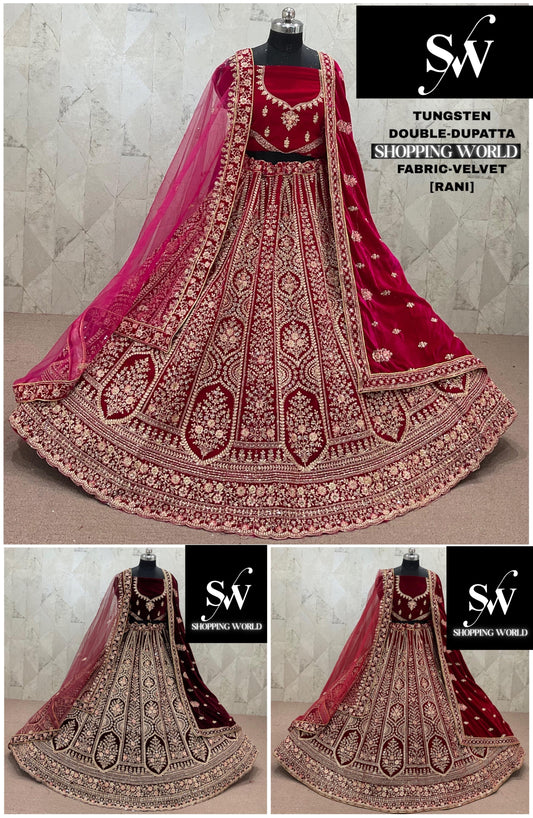 Maroon Dark Maroon Rani pink Velvet Double Dupatta Bridal Lehenga