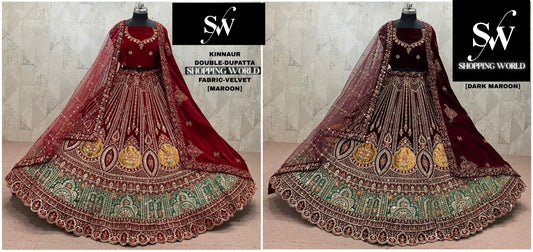 Maroon Dark Maroon Velvet Double Dupatta Bridal Lehenga