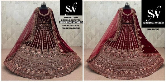 Maroon Dark Maroon Velvet Double Dupatta Bridal Lehenga