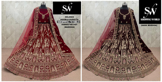 Maroon Dark Maroon Peacock Velvet Double Dupatta Bridal Lehenga