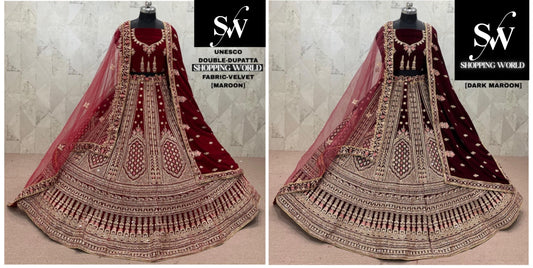 Maroon Dark Maroon Velvet Double Dupatta Bridal Lehenga