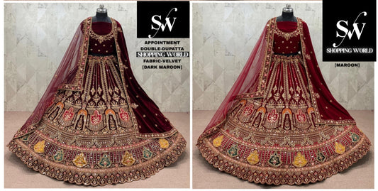 Maroon Dark Maroon Velvet Double Dupatta Bridal Lehenga