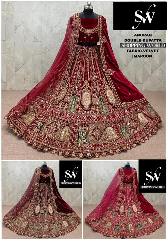 Maroon Dark Maroon Rani pink Velvet Double Dupatta Bridal Lehenga l