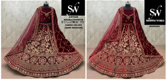 Maroon Dark Maroon Velvet Double Dupatta Bridal Lehenga