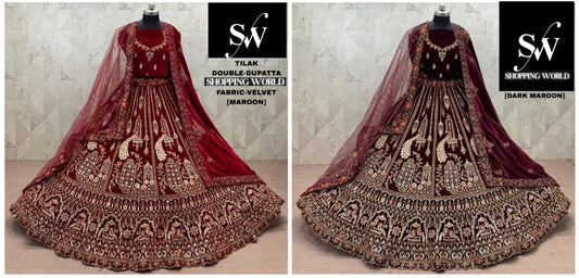 Maroon Dark Maroon Peacock Velvet Double Dupatta Bridal Lehenga