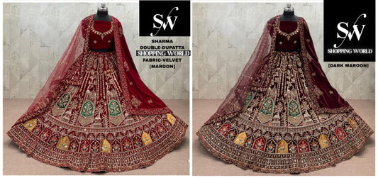 Maroon Dark Maroon Velvet Double Dupatta Bridal Lehenga