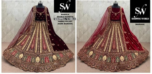 Maroon Dark Maroon Velvet Double Dupatta Bridal Lehenga