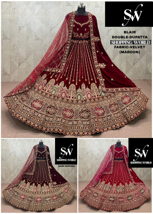 Maroon Dark Maroon Rani pink Velvet Double Dupatta Bridal Lehenga