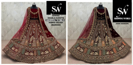 Maroon Dark Maroon Peacock Velvet Double Dupatta Bridal Lehenga