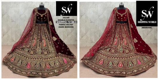 Maroon Dark Maroon Peacock Velvet Double Dupatta Bridal Lehenga