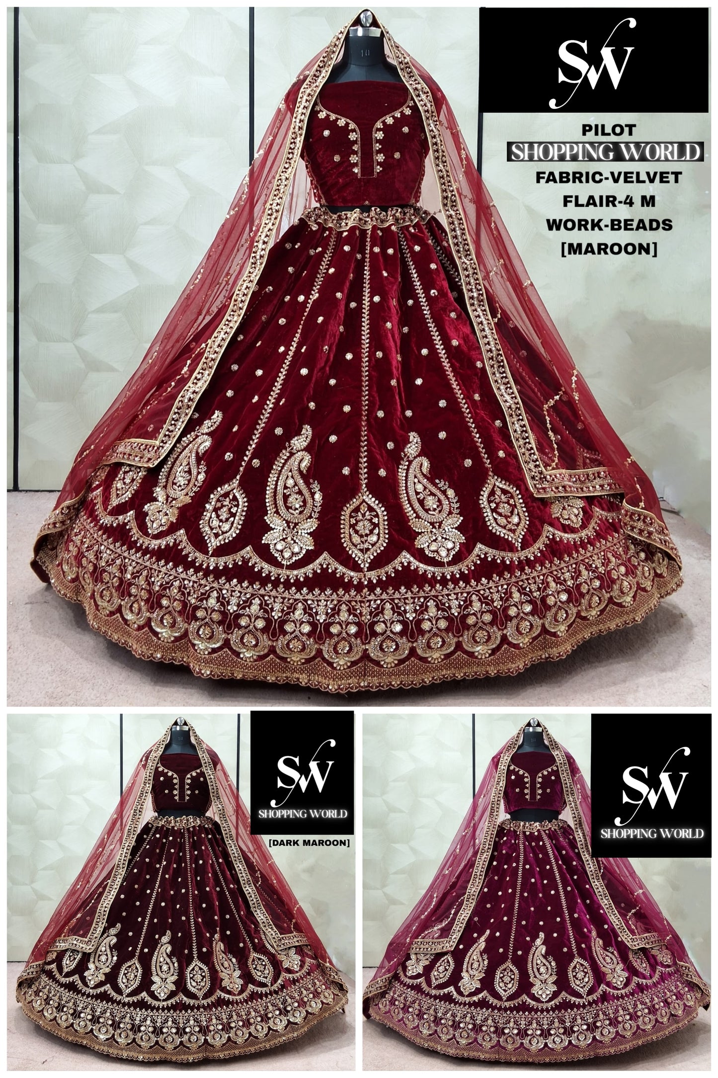 Maroon Dark Maroon Rani pink Peacock Velvet Double Dupatta Bridal Lehenga