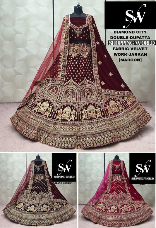 Maroon Dark Maroon Rani pink Doli Barat Velvet Double Dupatta Bridal Lehenga