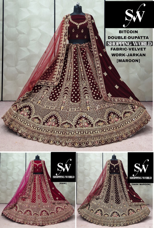 Maroon Dark Maroon Rani pink Velvet Double Dupatta Bridal Lehenga