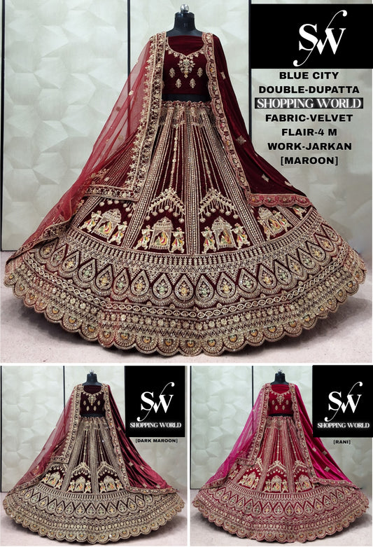 Maroon Dark Maroon Rani pink Doli Barat Velvet Double Dupatta Bridal Lehenga
