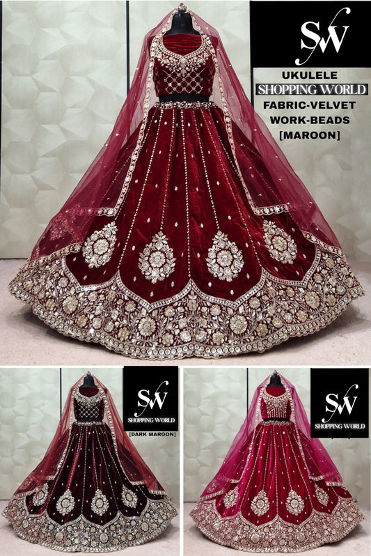 Maroon Dark Maroon Rani pink Velvet Double Dupatta Bridal Lehenga
