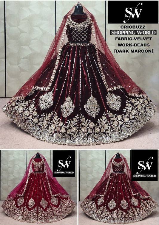 Maroon Dark Maroon Rani pink Velvet Double Dupatta Bridal Lehenga
