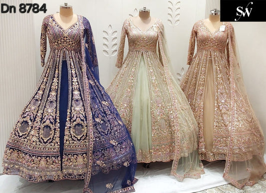 Purple Pista Green Chiku Golden long peplum Dress Farshi Gaharara Dress Special