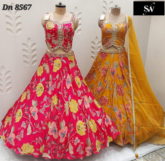 Hot pink Mustard Crop Top Lehenga