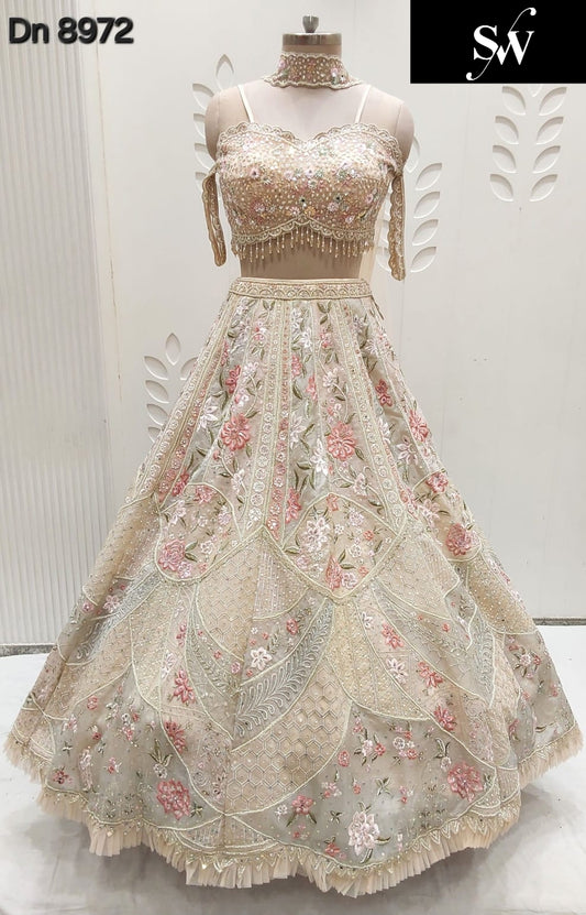 Beige Golden Crop Top Lehenga