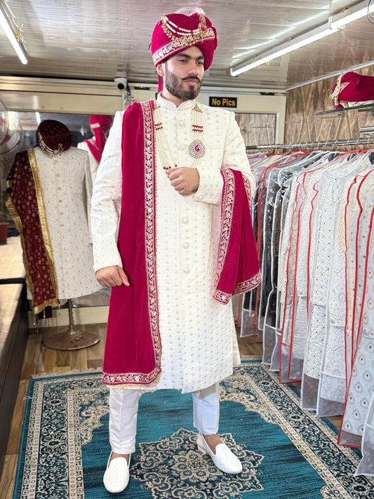 Rani pink White Sherwani