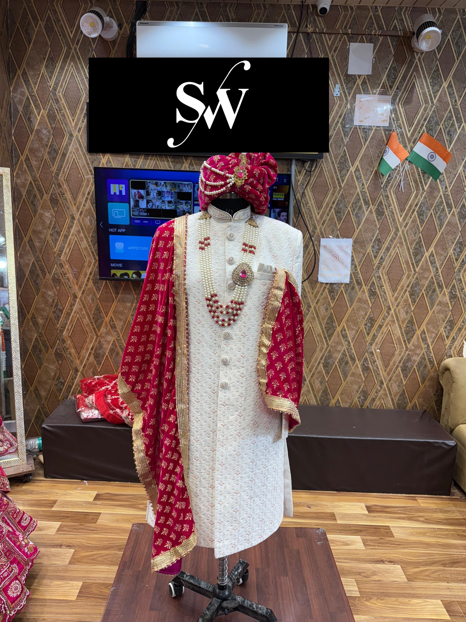 Rani pink White Sherwani - Shopping World