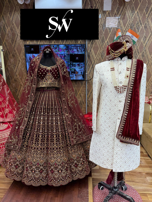 Dark Maroon Ball Bridal Lehenga Sherwani