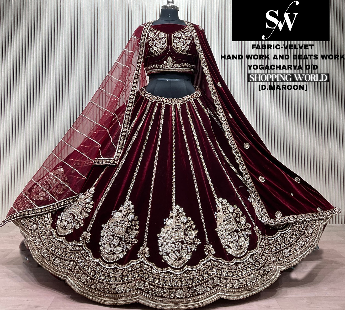 Dark Maroon Velvet Bridal Lehenga