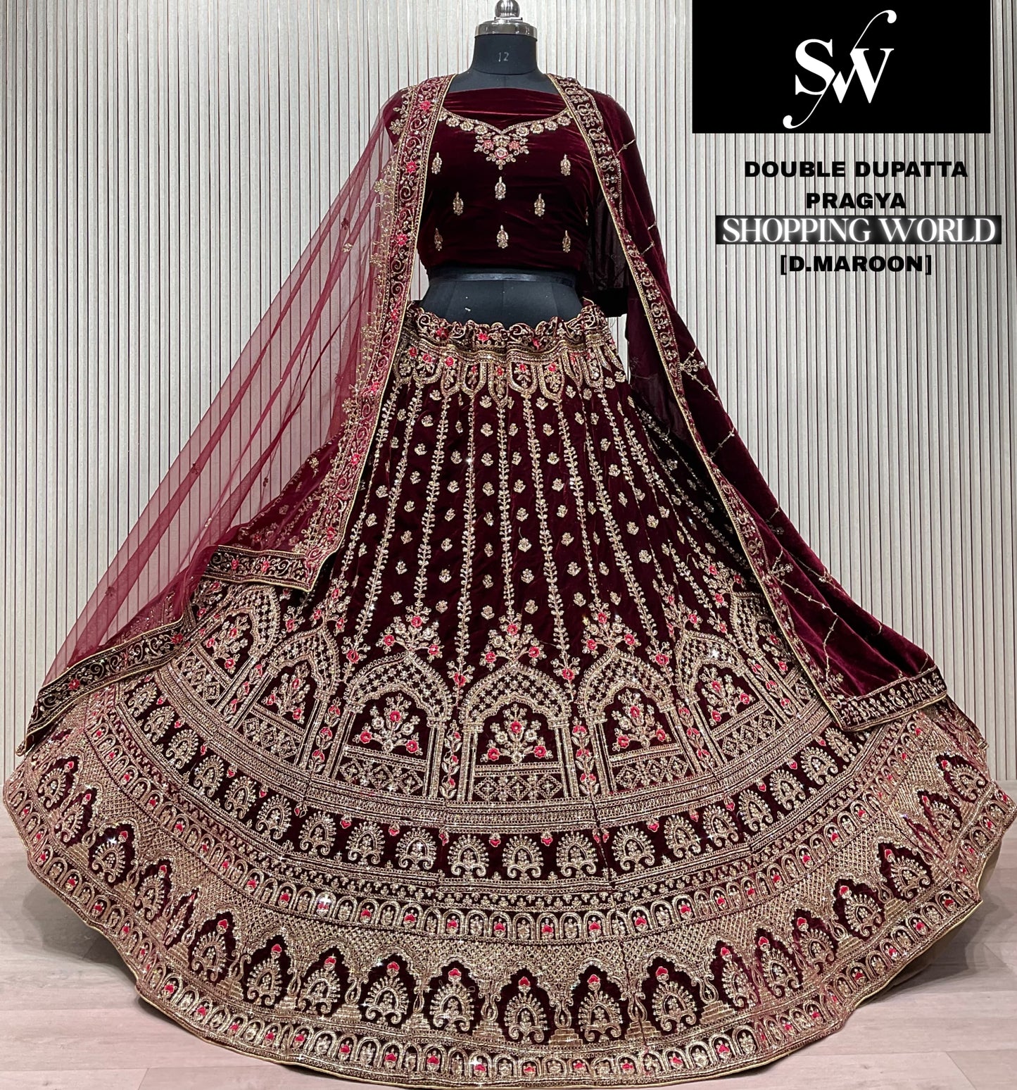 Light Maroon Double Dupatta Bridal Lehenga