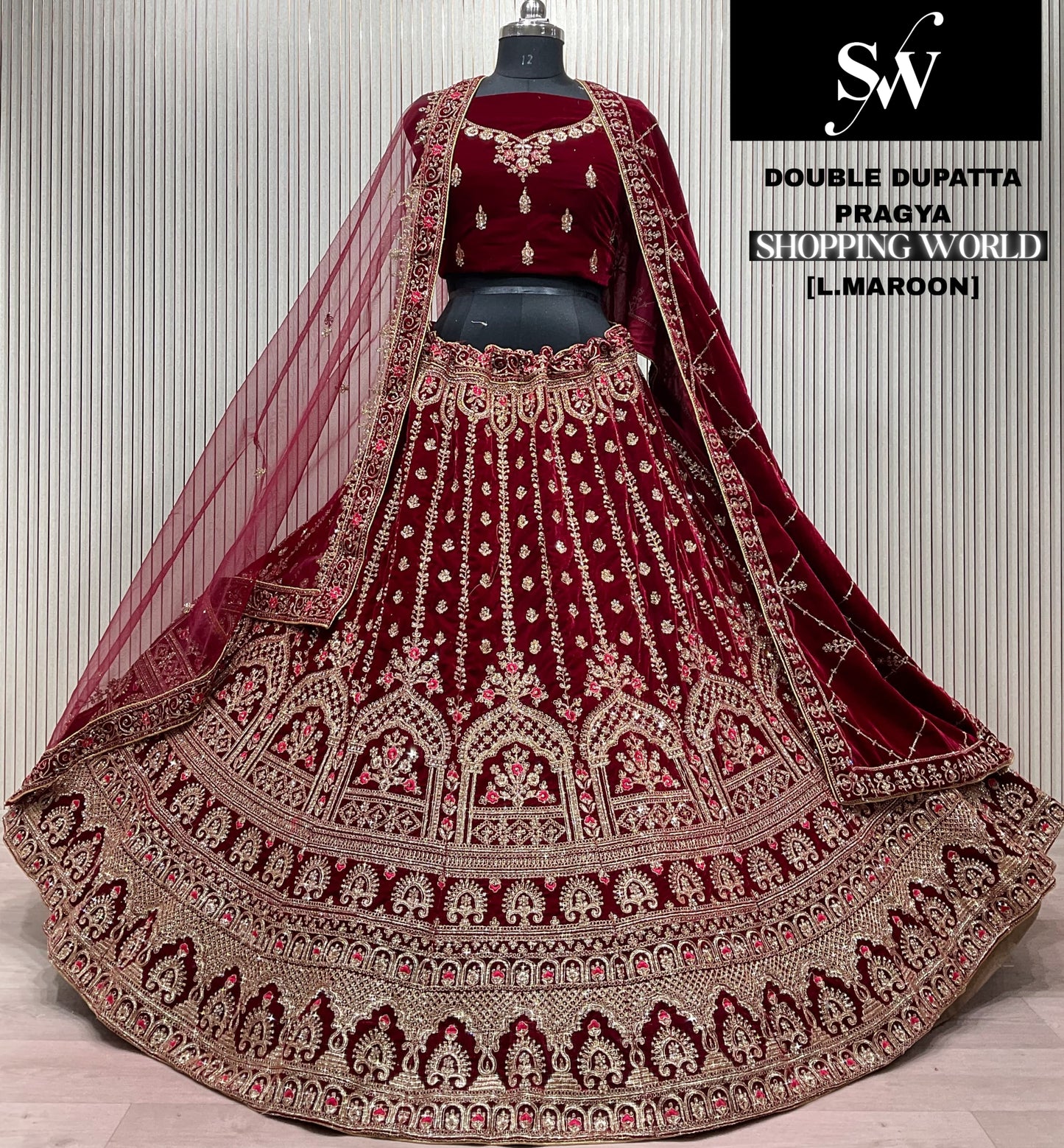 Light Maroon Double Dupatta Bridal Lehenga