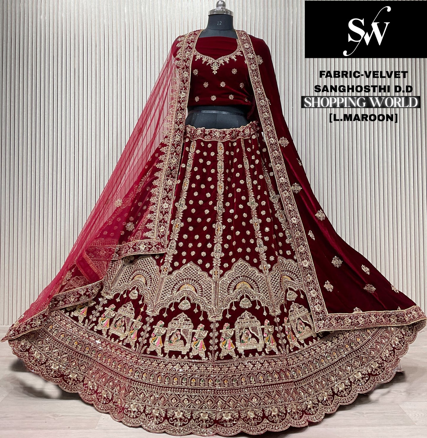Dark Maroon Doli Barat Velvet Bridal Lehenga