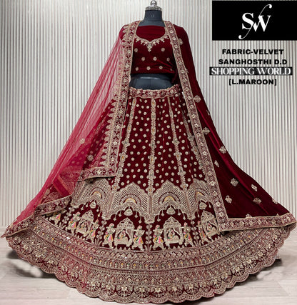Dark Maroon Doli Barat Velvet Bridal Lehenga