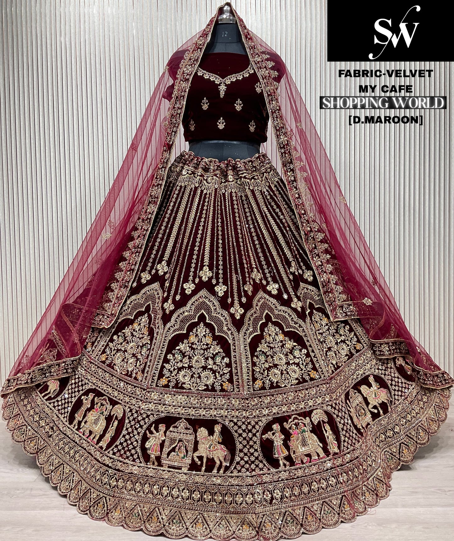 Dark Maroon Velvet Bridal Lehenga