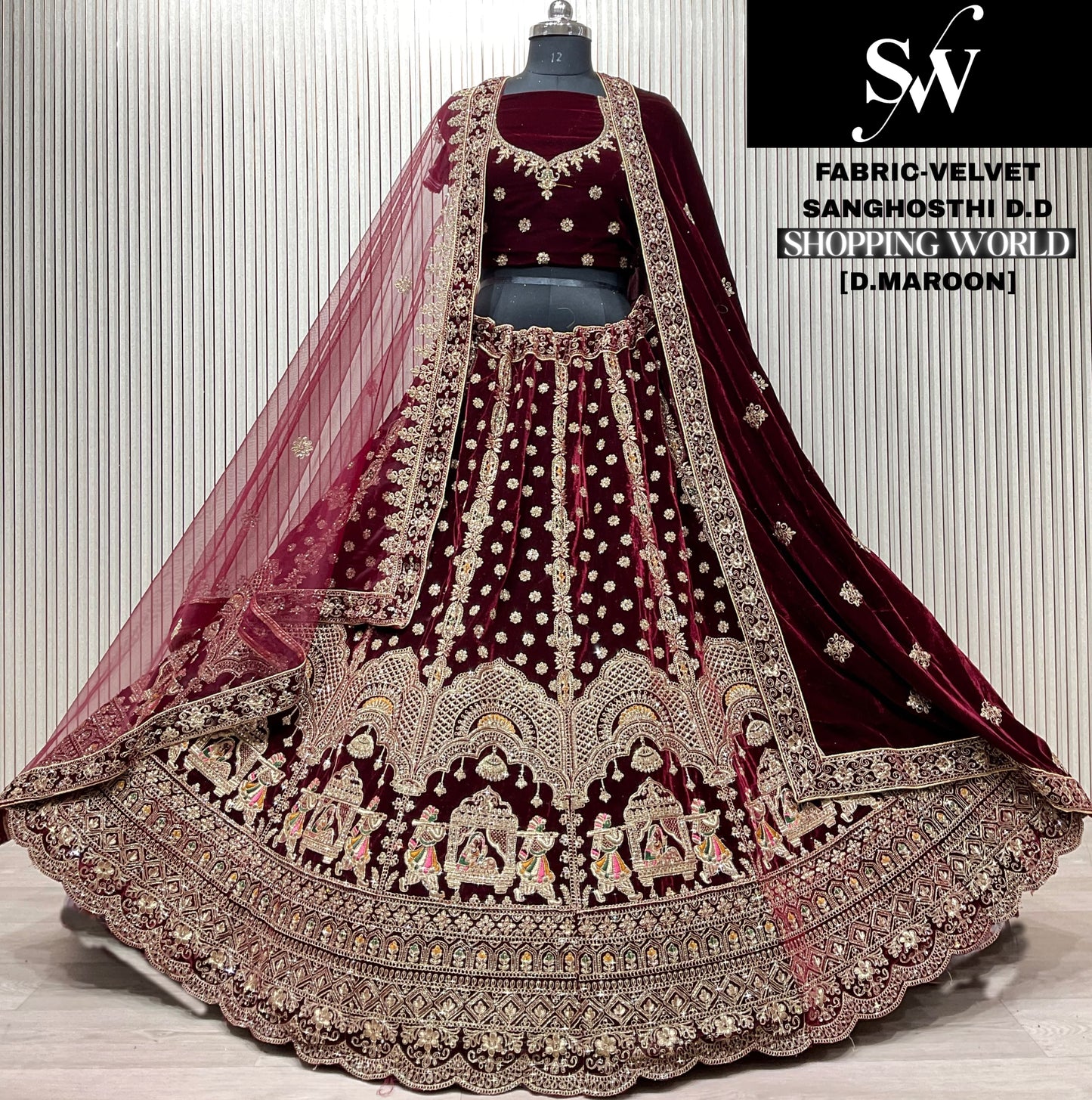 Dark Maroon Doli Barat Velvet Bridal Lehenga