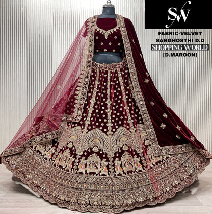 Dark Maroon Doli Barat Velvet Bridal Lehenga