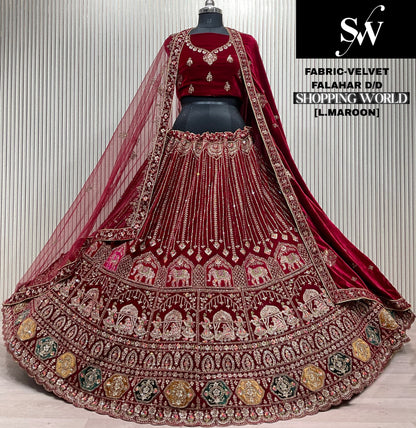 Dark Maroon Velvet Bridal Lehenga