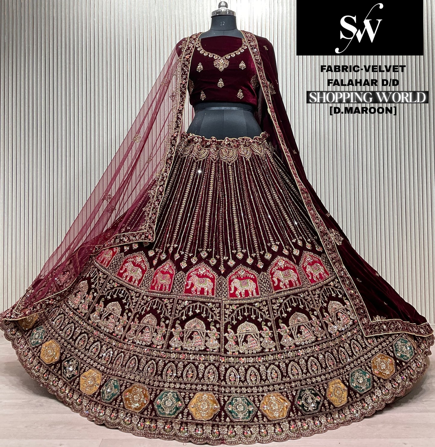 Dark Maroon Velvet Bridal Lehenga