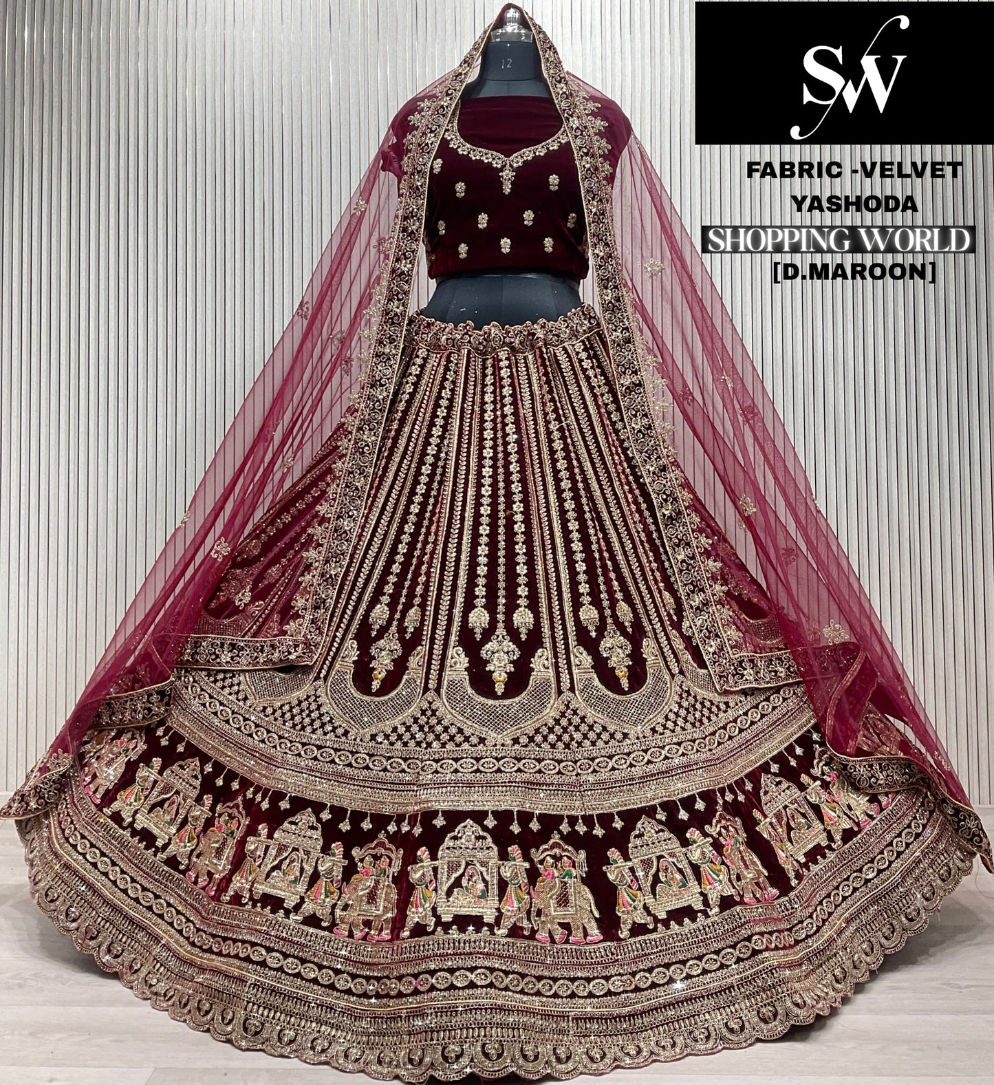 Dark Maroon Velvet Doli Barat Bridal Lehenga