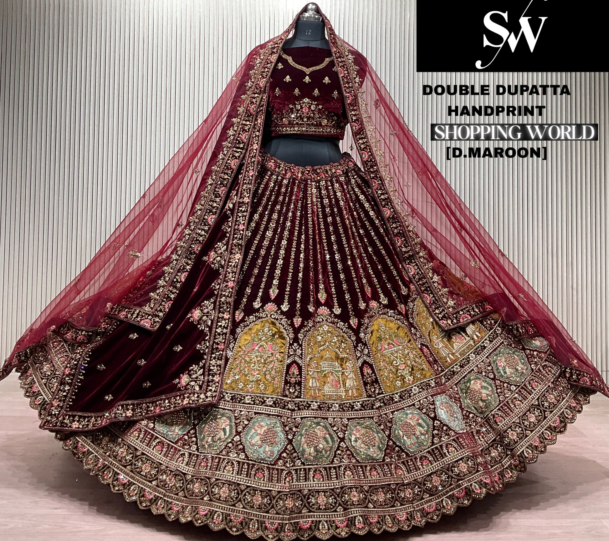 Dark Maroon Double Dupatta Bridal Lehenga - Shopping World