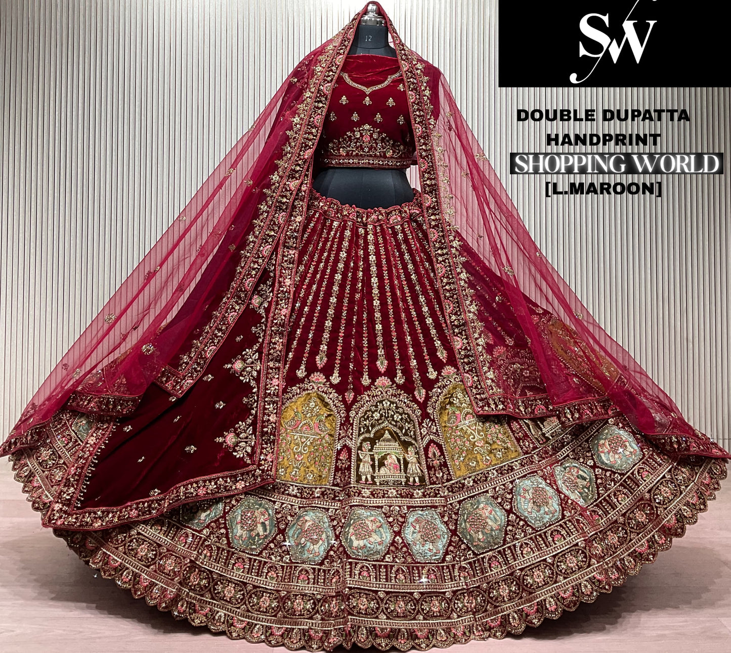 Dark Maroon Double Dupatta Bridal Lehenga - Shopping World