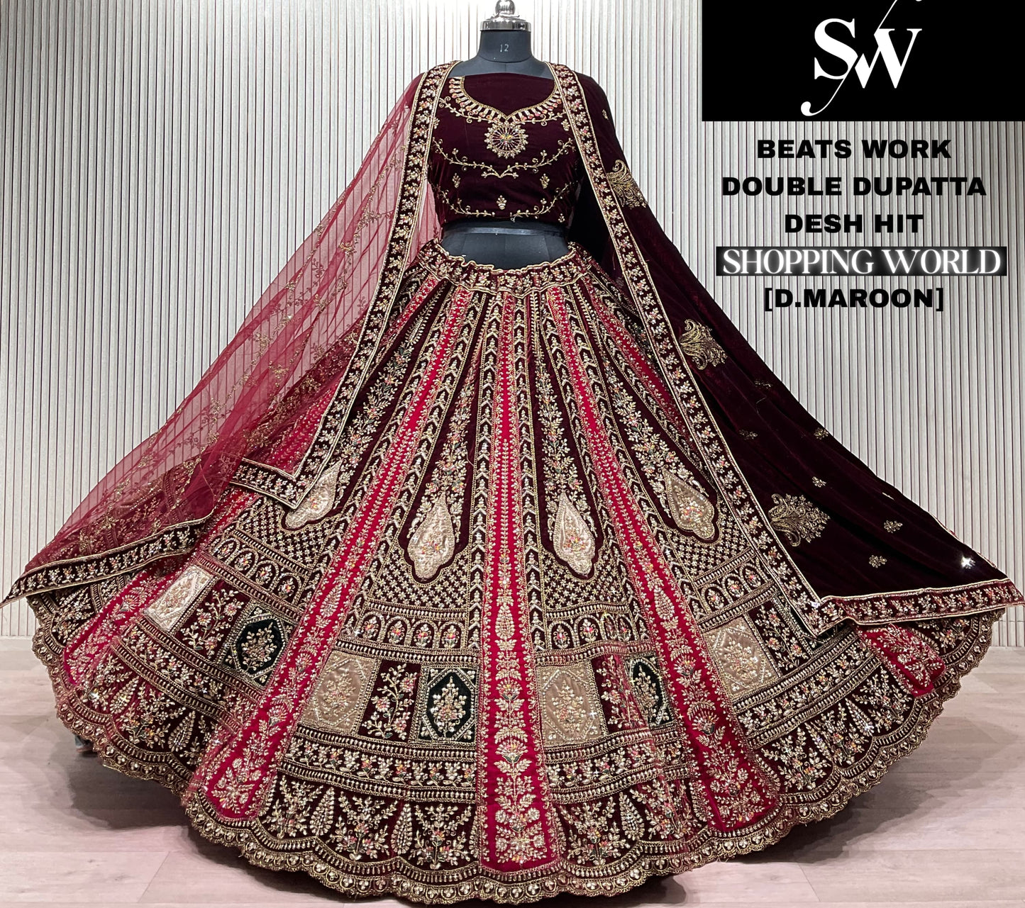 Dark Maroon Double Dupatta Bridal Lehenga - Shopping World