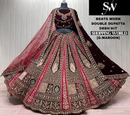 Dark Maroon Double Dupatta Bridal Lehenga - Shopping World