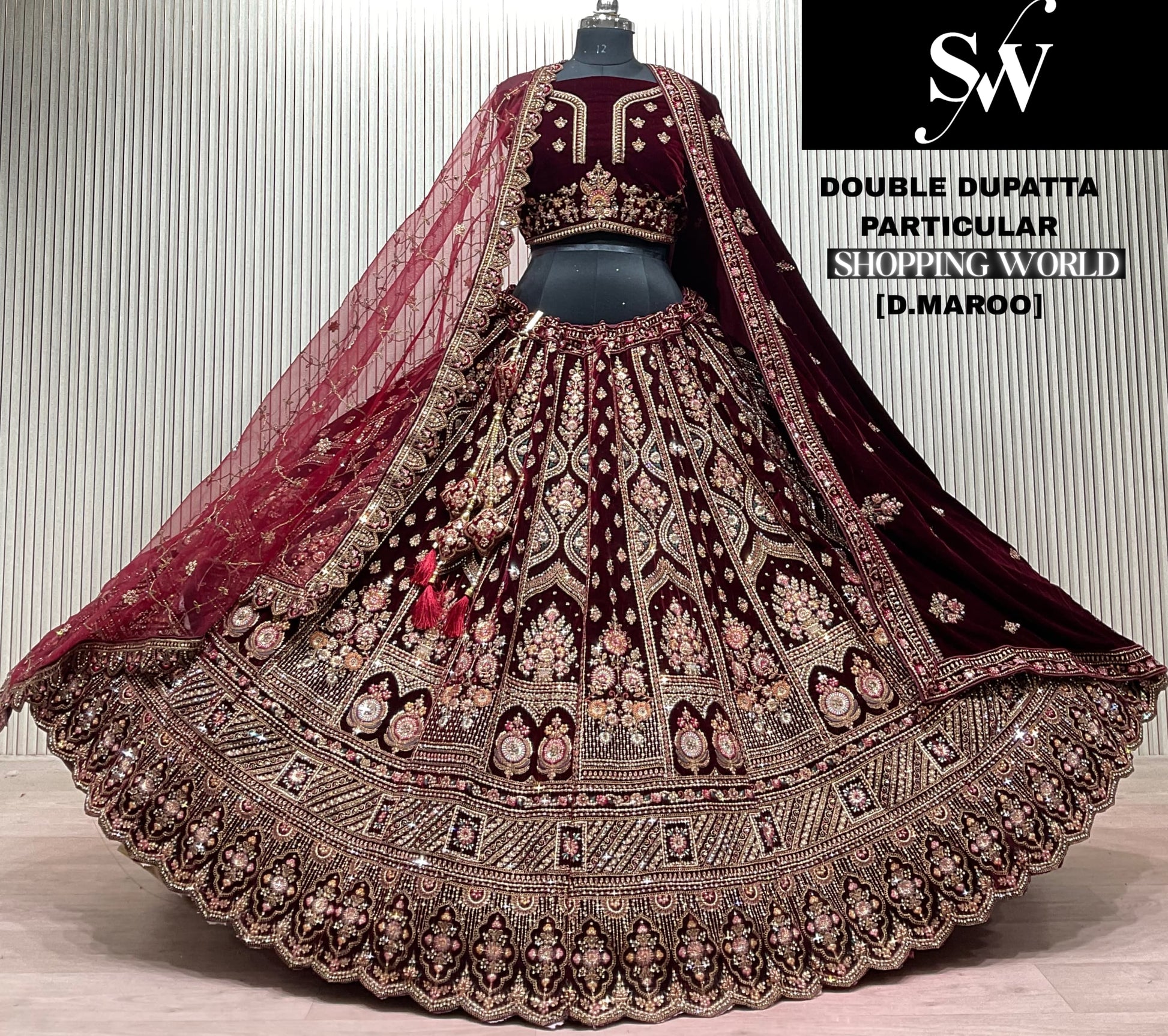 Dark Maroon Double Dupatta Bridal Lehenga - Shopping World