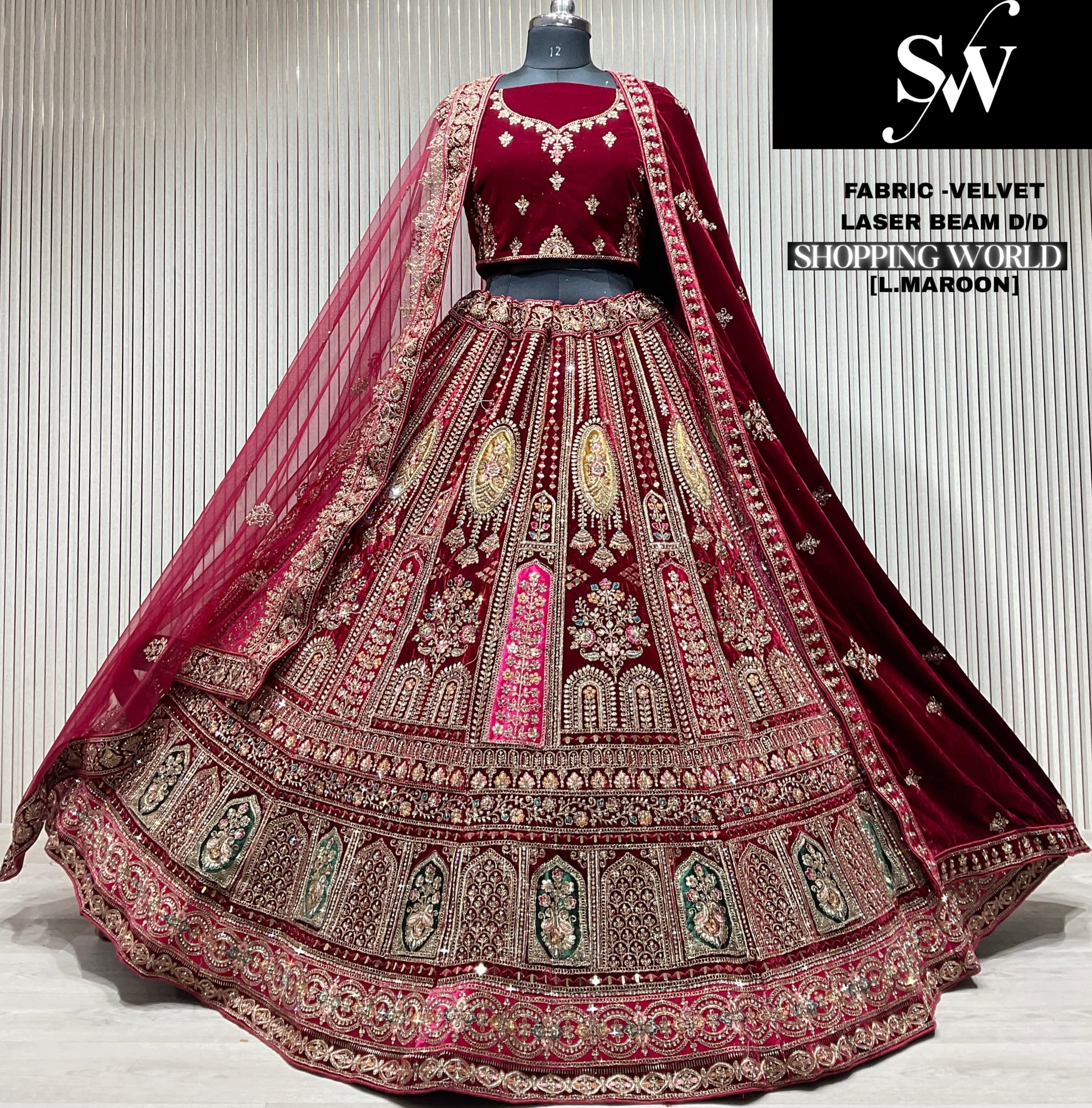 Light Maroon Velvet Bridal Lehenga - Shopping World