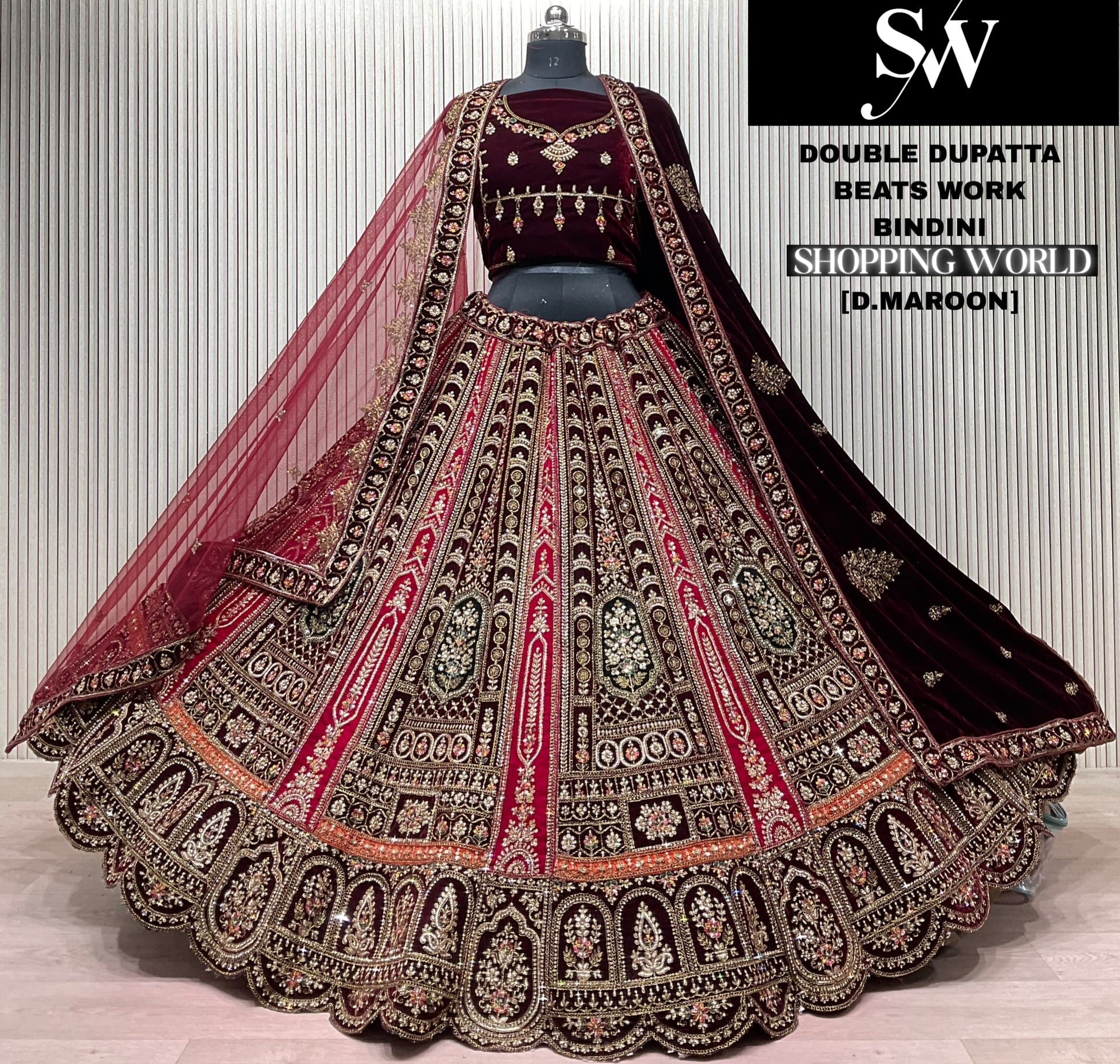Dark Maroon Double Dupatta Bridal Lehenga - Shopping World
