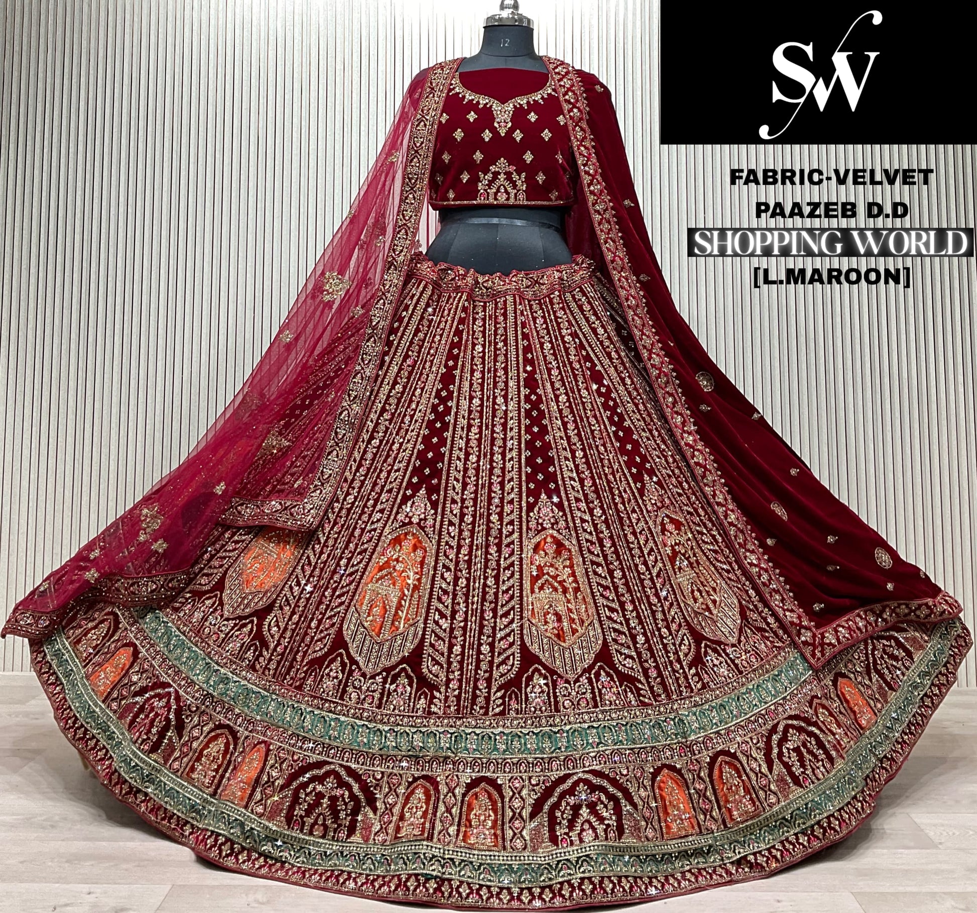 Light Maroon Velvet Bridal Lehenga - Shopping World