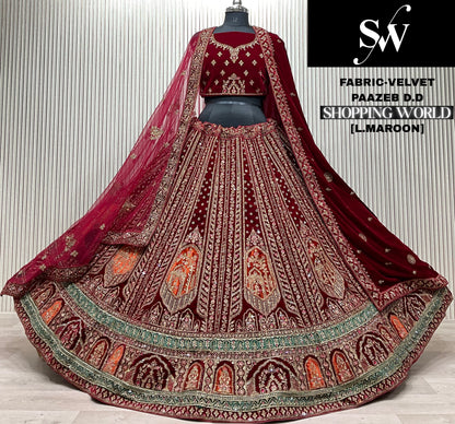 Light Maroon Velvet Bridal Lehenga - Shopping World