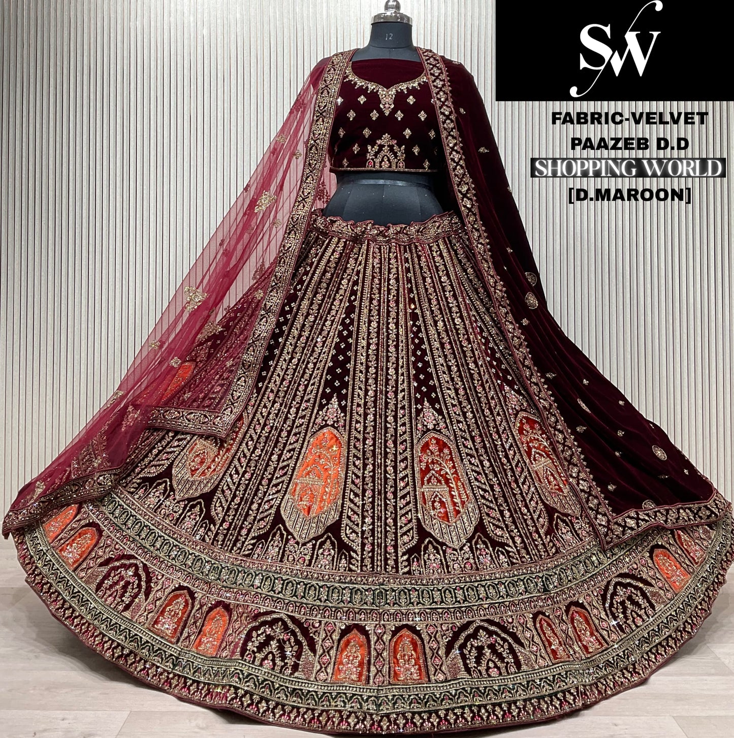 Light Maroon Velvet Bridal Lehenga - Shopping World