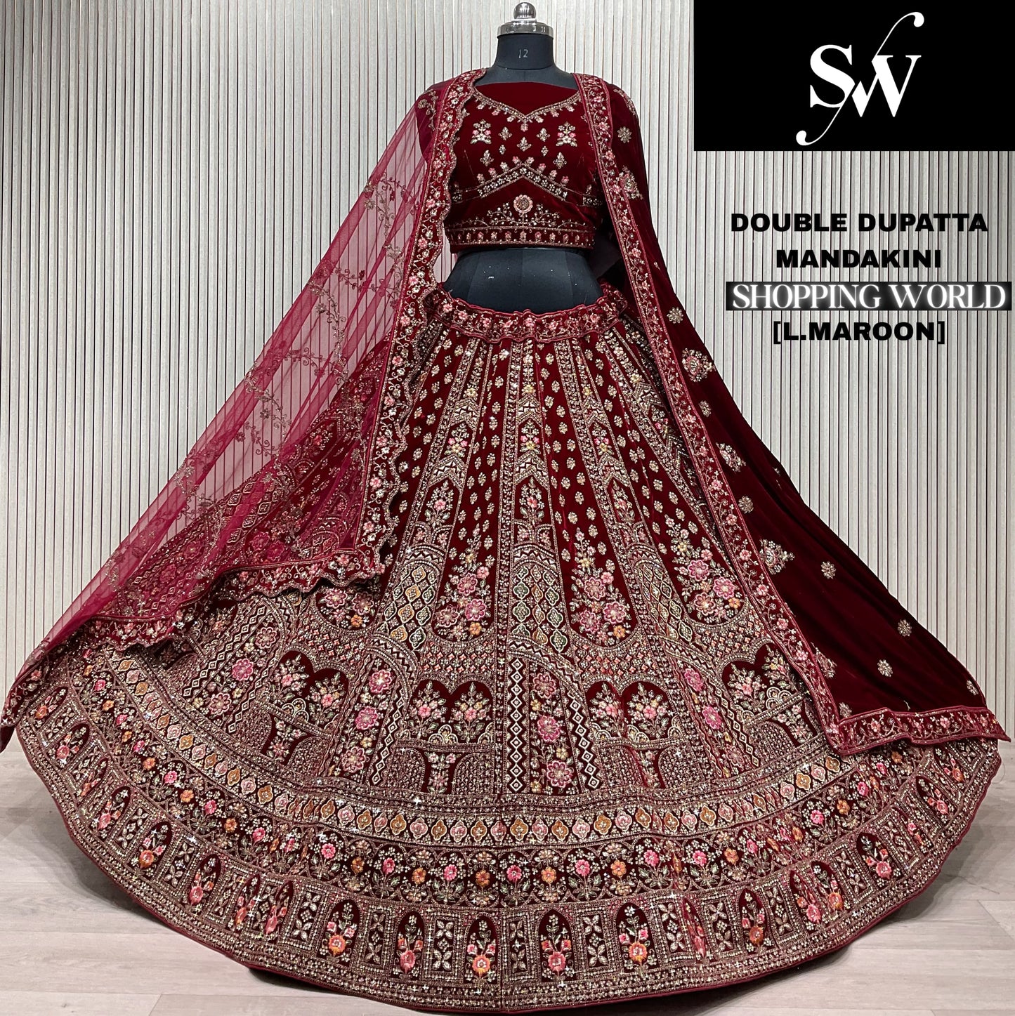 Light Maroon Double Dupatta Bridal Lehenga - Shopping World